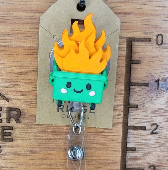 Cute Green Dumpster Fire Badge Reel - Picture 3 of 3